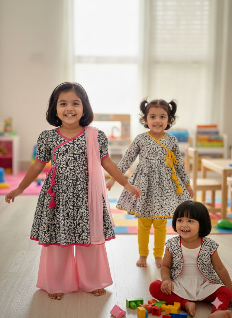 Baby girls wearing printed cotton kurti sets for daily wear