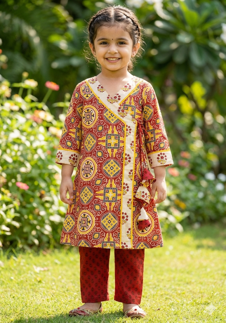 Red printed cotton kurti set for baby girl daily wear