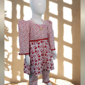 Red printed baby girl kurti set in soft cotton with matching pants
