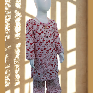 Red floral cotton kurti and pant set for baby girl with contrast printed bottom