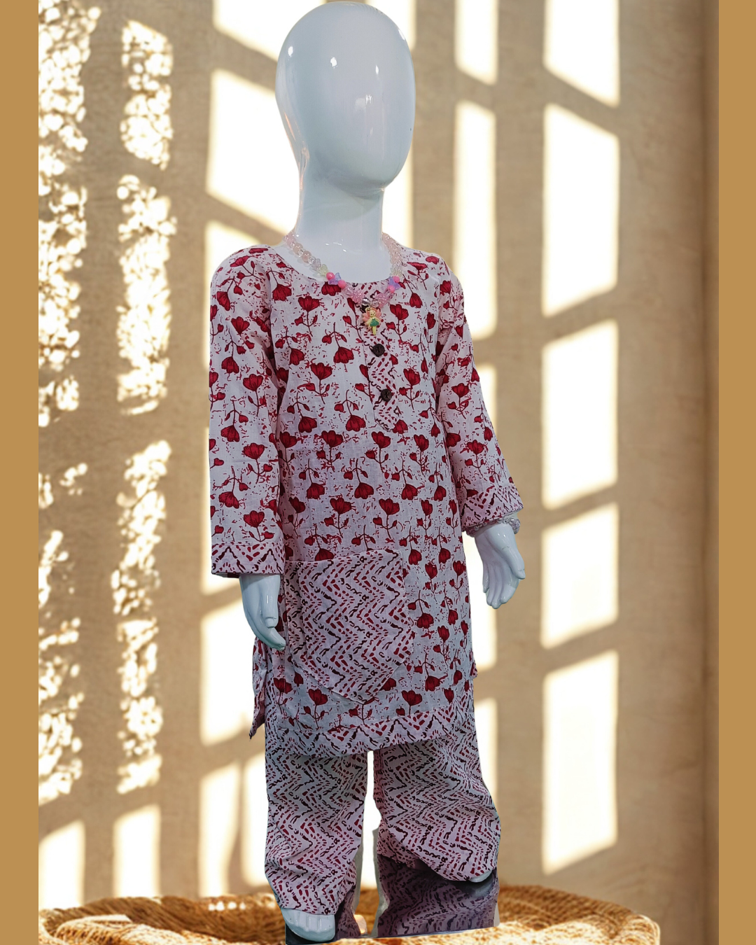 Red floral cotton kurti and pant set for baby girl with contrast printed bottom