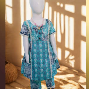 Teal blue floral cotton kurti and pant set for baby girl