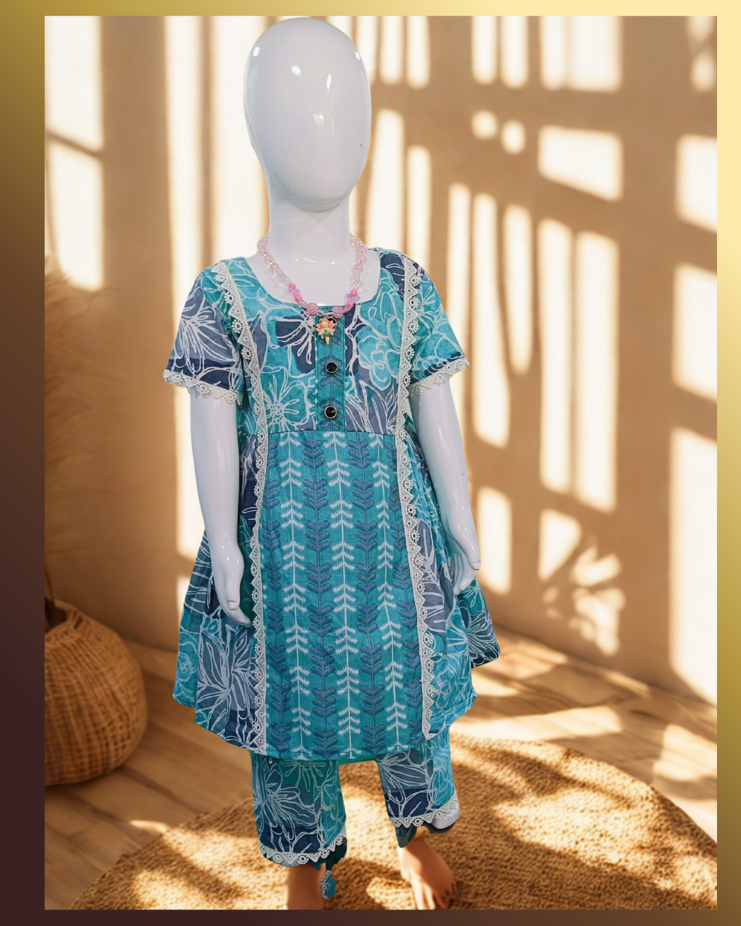 Teal blue floral cotton kurti and pant set for baby girl