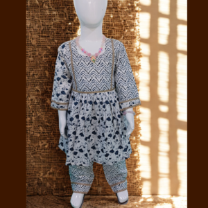 Indigo blue cotton kurti and pant set for baby girl with soft handblock style print