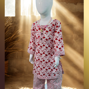 Red floral cotton kurti set for baby girl with wide leg pants