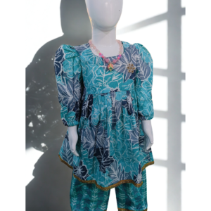 Baby girl aqua blue cambric cotton printed kurti pajama set front view daily wear