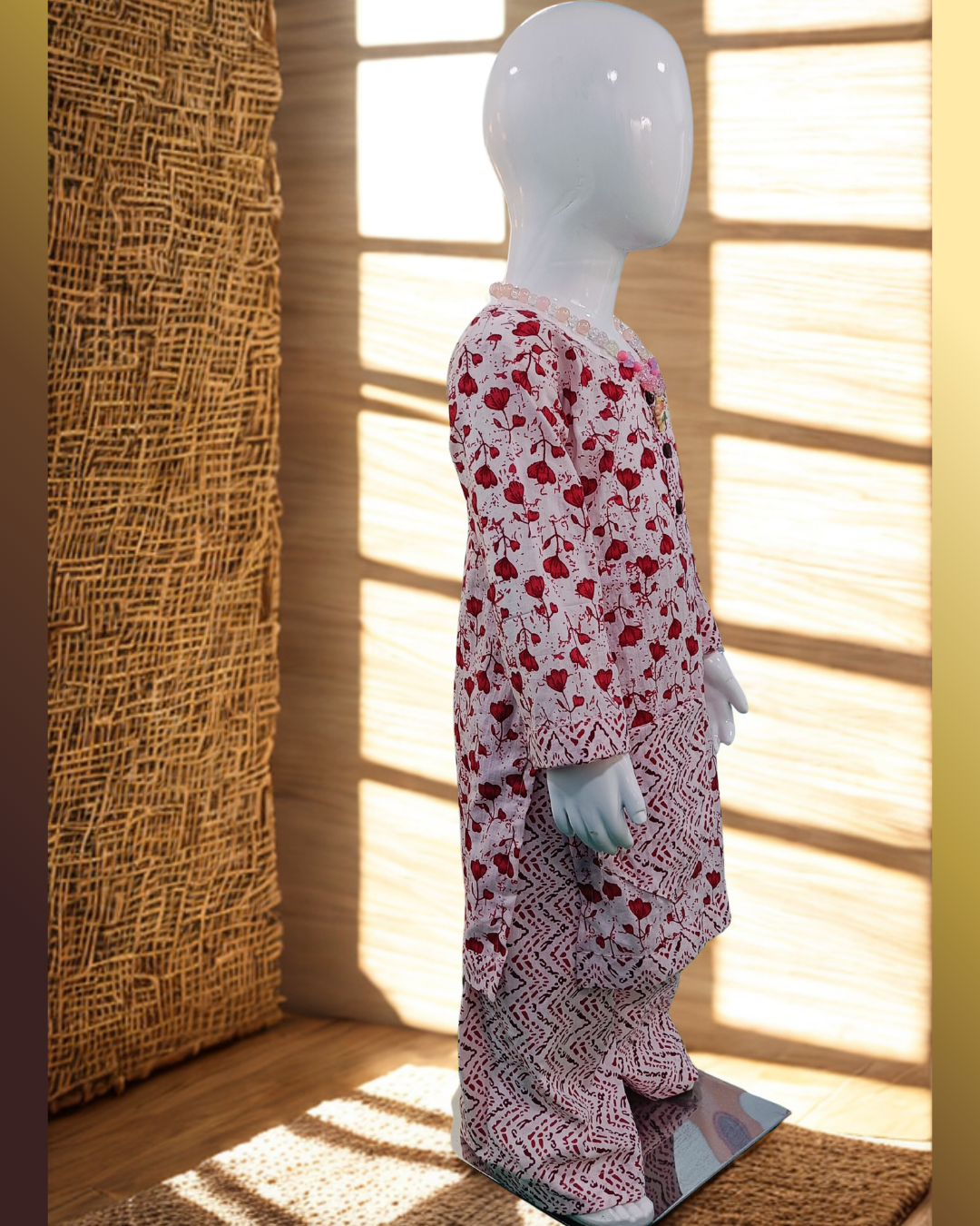 Side view red printed cotton kurti set for toddler girl