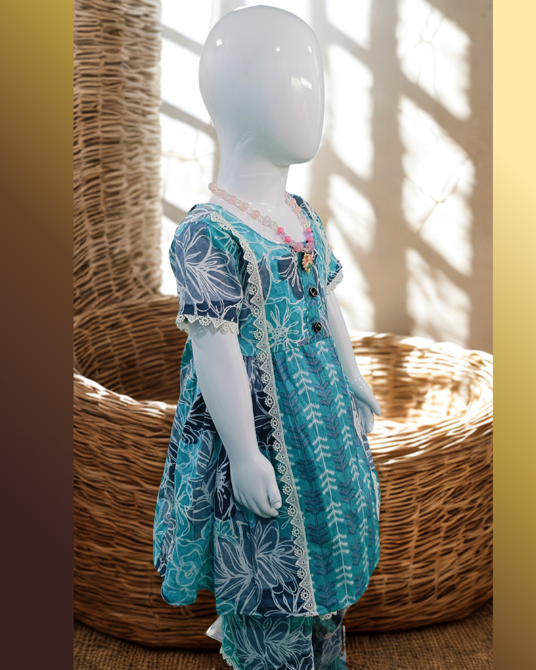 Side angle teal blue printed cotton kurti set for toddler girl