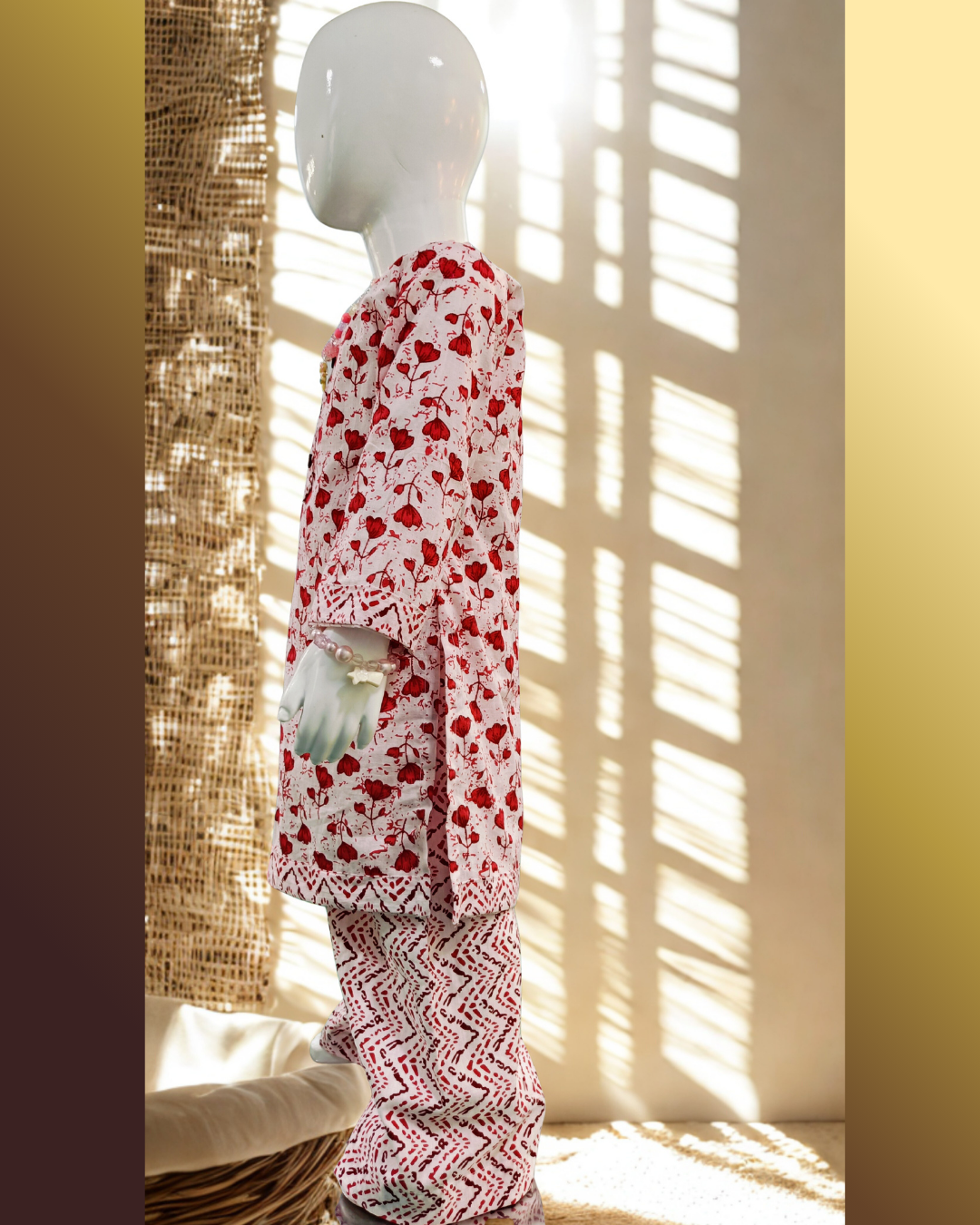 Back angle red floral baby girl kurti set in soft cotton