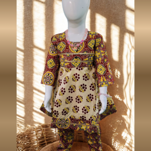Maroon and mustard ethnic print cotton kurti set for baby girl