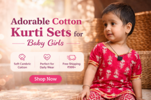 Baby girl wearing red cotton kurti set for daily wear – soft cambric fabric outfit for kids aged 1–5 years