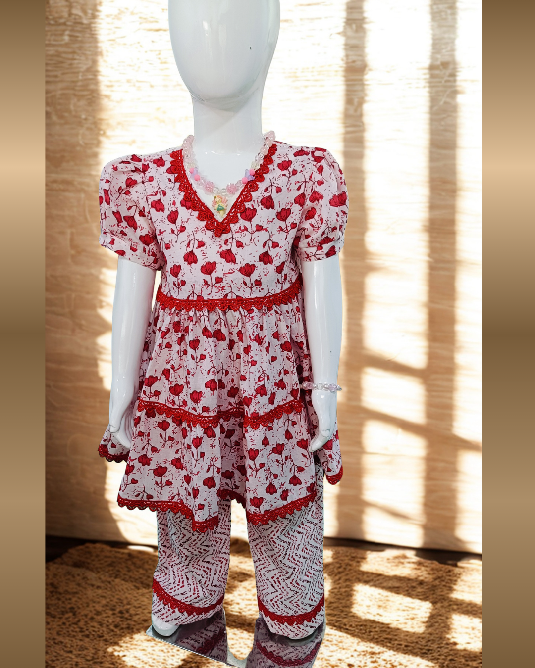 Soft Cotton Baby Girl Kurti Set Red Floral with Lace & Frill – Stylish Comfortable Daily Wear