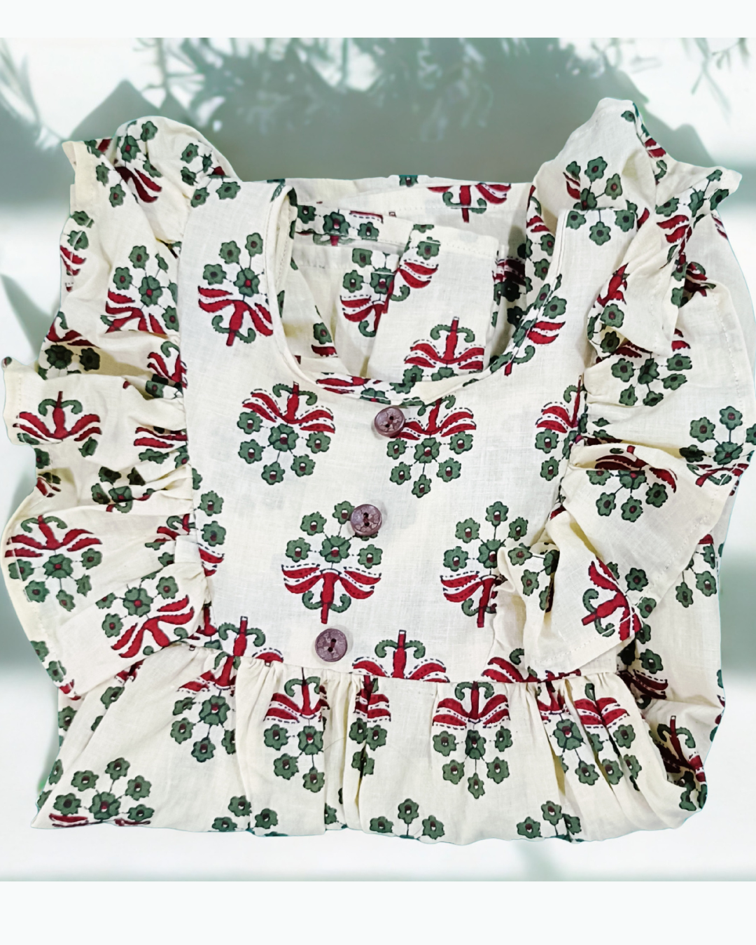 Sigoor Fashion Cotton Baby Girl Frock Cream Ajrakh Print Frill Shoulder Dress – Premium Ethnic Daily Wear ( 6–12 Months, 1-2 Years) - Image 3