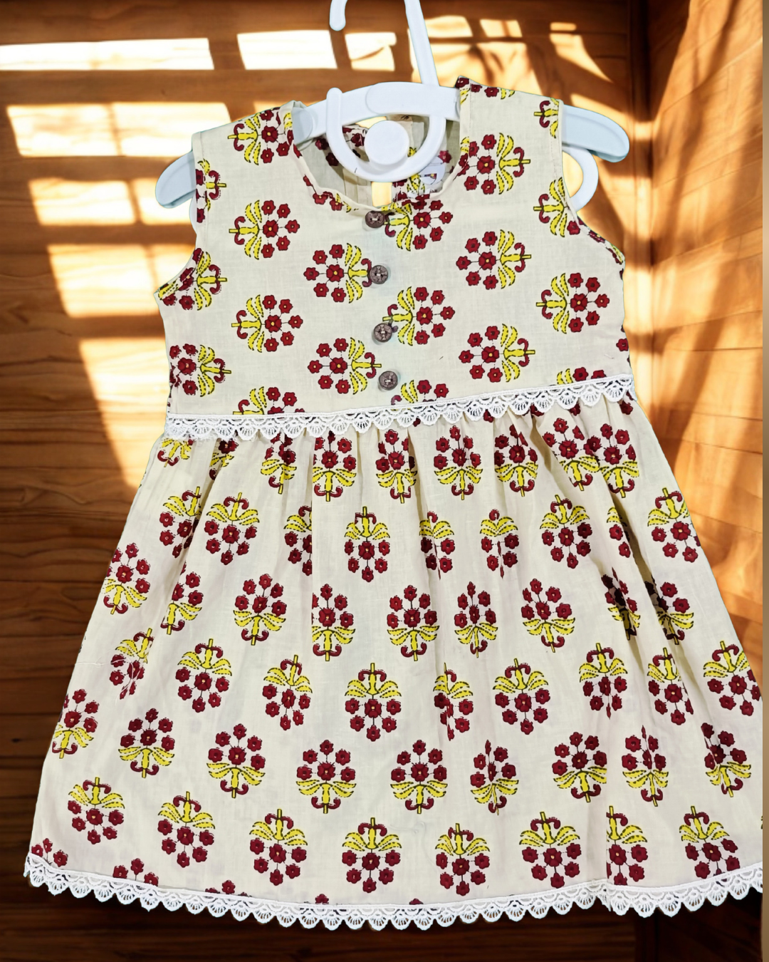 Sigoor Fashion Soft Cotton Baby Girl Frock Cream Red Floral Sleeveless – Comfortable Daily Wear Dress