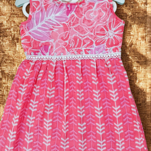 Sigoor Fashion Soft Cotton Baby Girl Frock Pink Dual Print Sleeveless Lace & Pearl Detail – Daily Wear Dress (1–2 Years)