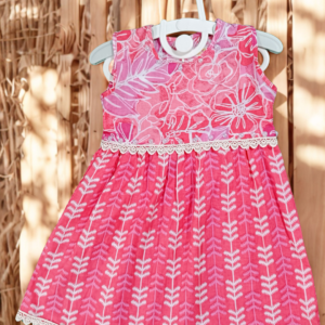 Sigoor Fashion Soft Cotton Baby Girl Frock Pink Floral & Print Sleeveless Lace Detail – Designer Daily Wear Dress (1–2 Years)