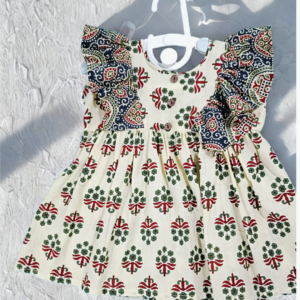 Sigoor Fashion Cotton Baby Girl Frock Cream Ajrakh Print Frill Sleeve Dress – Traditional Stylish Daily Wear (6–12 Months)