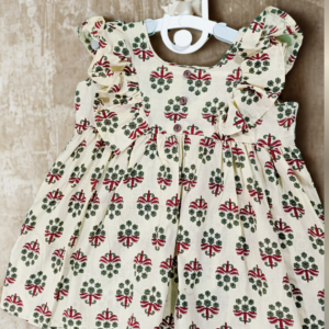 Sigoor Fashion Cotton Baby Girl Frock Cream Ajrakh Print Frill Shoulder Dress – Premium Ethnic Daily Wear ( 6–12 Months, 1-2 Years)