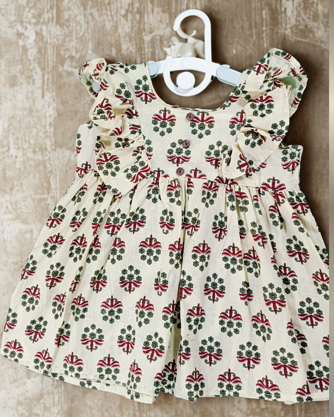 Sigoor Fashion Cotton Baby Girl Frock Cream Ajrakh Print Frill Shoulder Dress – Premium Ethnic Daily Wear ( 6–12 Months, 1-2 Years)
