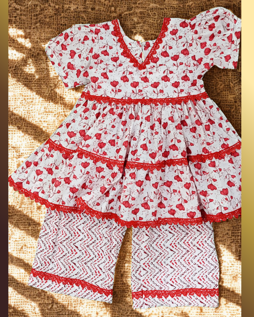 Soft Cotton Baby Girl Kurti Set Red Floral with Lace & Frill – Stylish Comfortable Daily Wear - Image 4