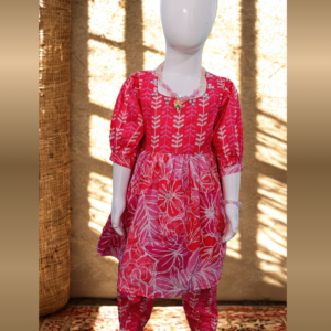 Soft Cotton Baby Girl Kurti Set Red Floral with Puff Sleeves – Cute Comfortable Daily Wear Outfit