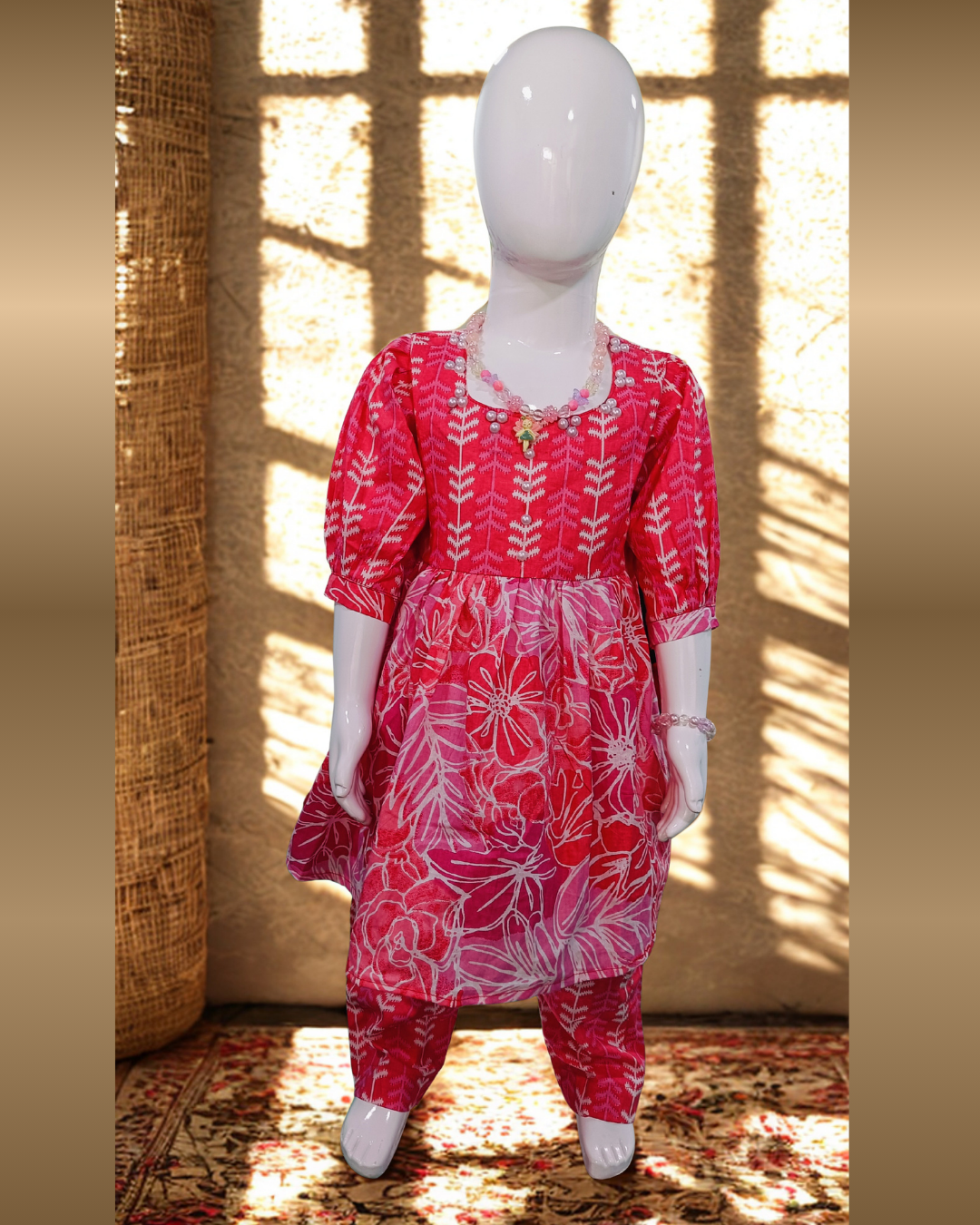 Soft Cotton Baby Girl Kurti Set Red Floral with Puff Sleeves – Cute Comfortable Daily Wear Outfit