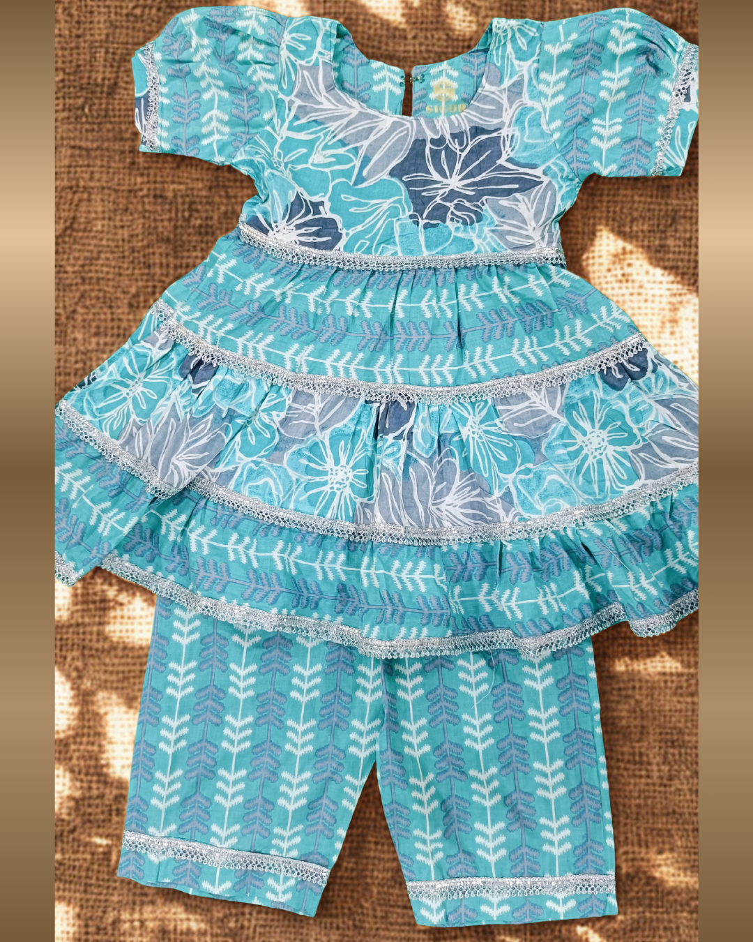 Soft Cotton Baby Girl Kurti Set Teal Layered Frill with Puff Sleeves โ Premium Festive Daily Wear Outfit - Image 4