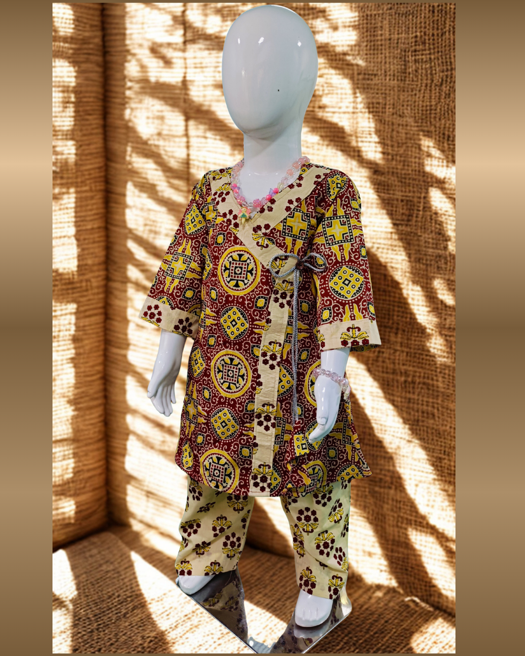 Soft Cotton Baby Girl Kurti Set Maroon Ajrakh Print with Overlap Tie-Up โ Ethnic Stylish Daily Wear Outfit