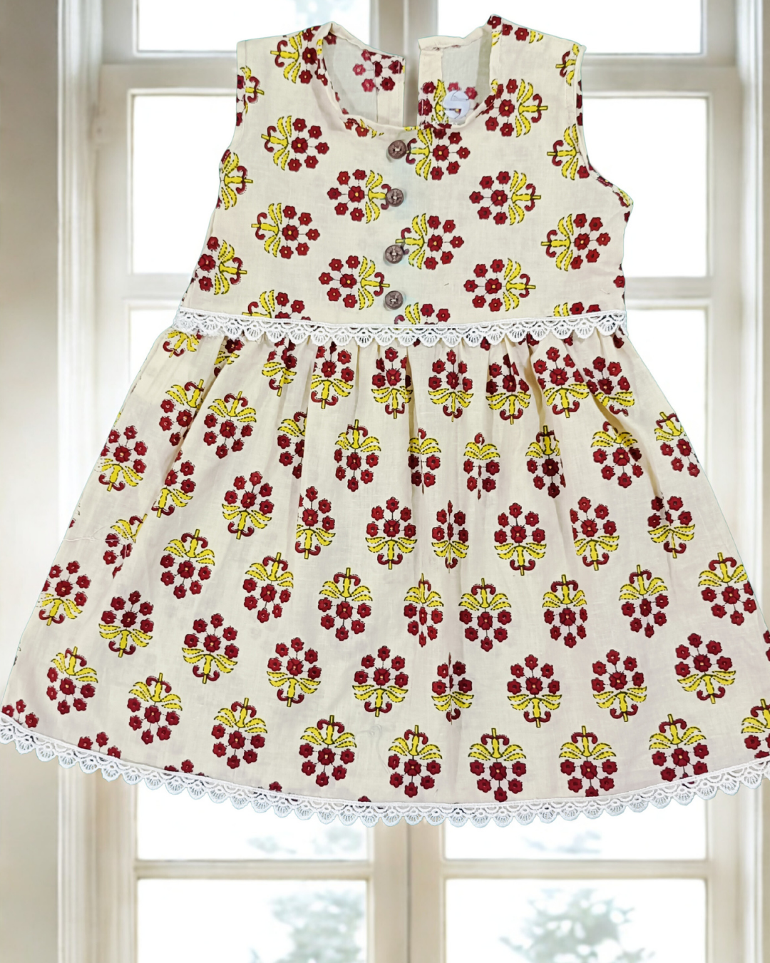 Sigoor Fashion Soft Cotton Baby Girl Frock Cream Red Floral Sleeveless – Comfortable Daily Wear Dress - Image 2