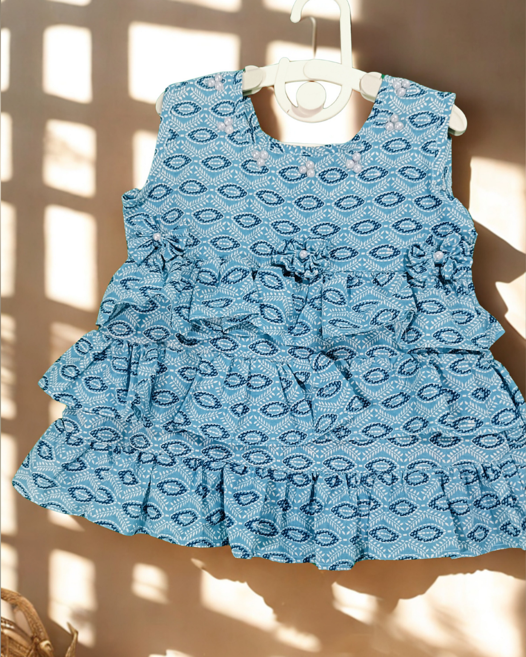 Sigoor Fashion Soft Cotton Baby Girl Frock Blue Ruffle Layer Sleeveless Pearl Detail – Cute Party & Daily Wear Dress (0–6 Months, 6–12 Months) - Image 2