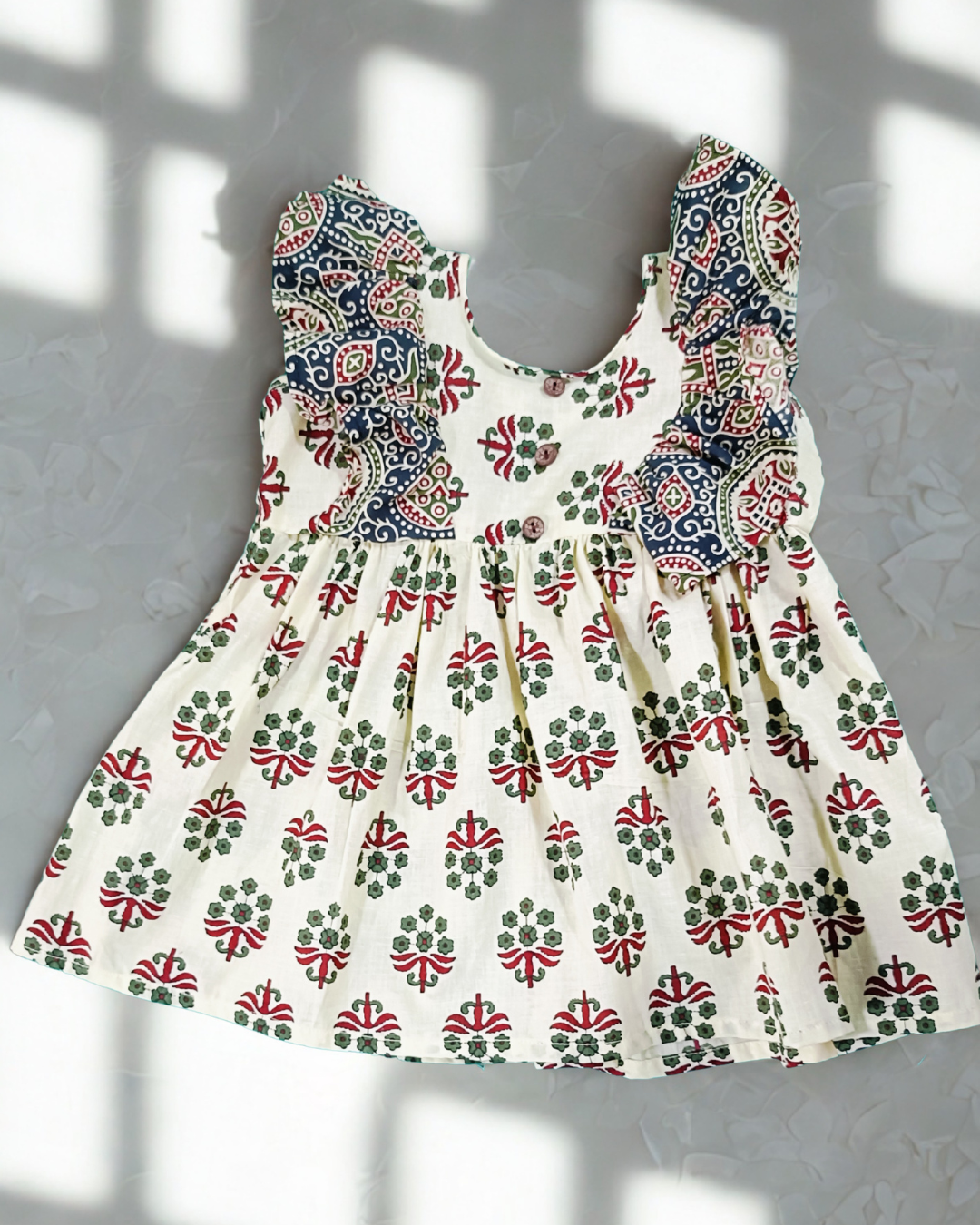 Sigoor Fashion Cotton Baby Girl Frock Cream Ajrakh Print Frill Sleeve Dress – Traditional Stylish Daily Wear (6–12 Months) - Image 2