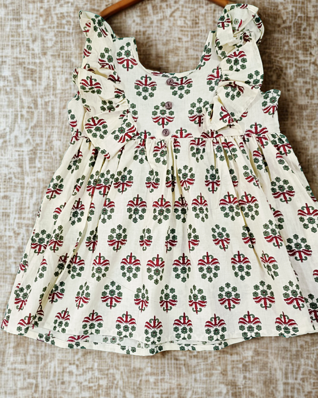 Sigoor Fashion Cotton Baby Girl Frock Cream Ajrakh Print Frill Shoulder Dress – Premium Ethnic Daily Wear ( 6–12 Months, 1-2 Years) - Image 2