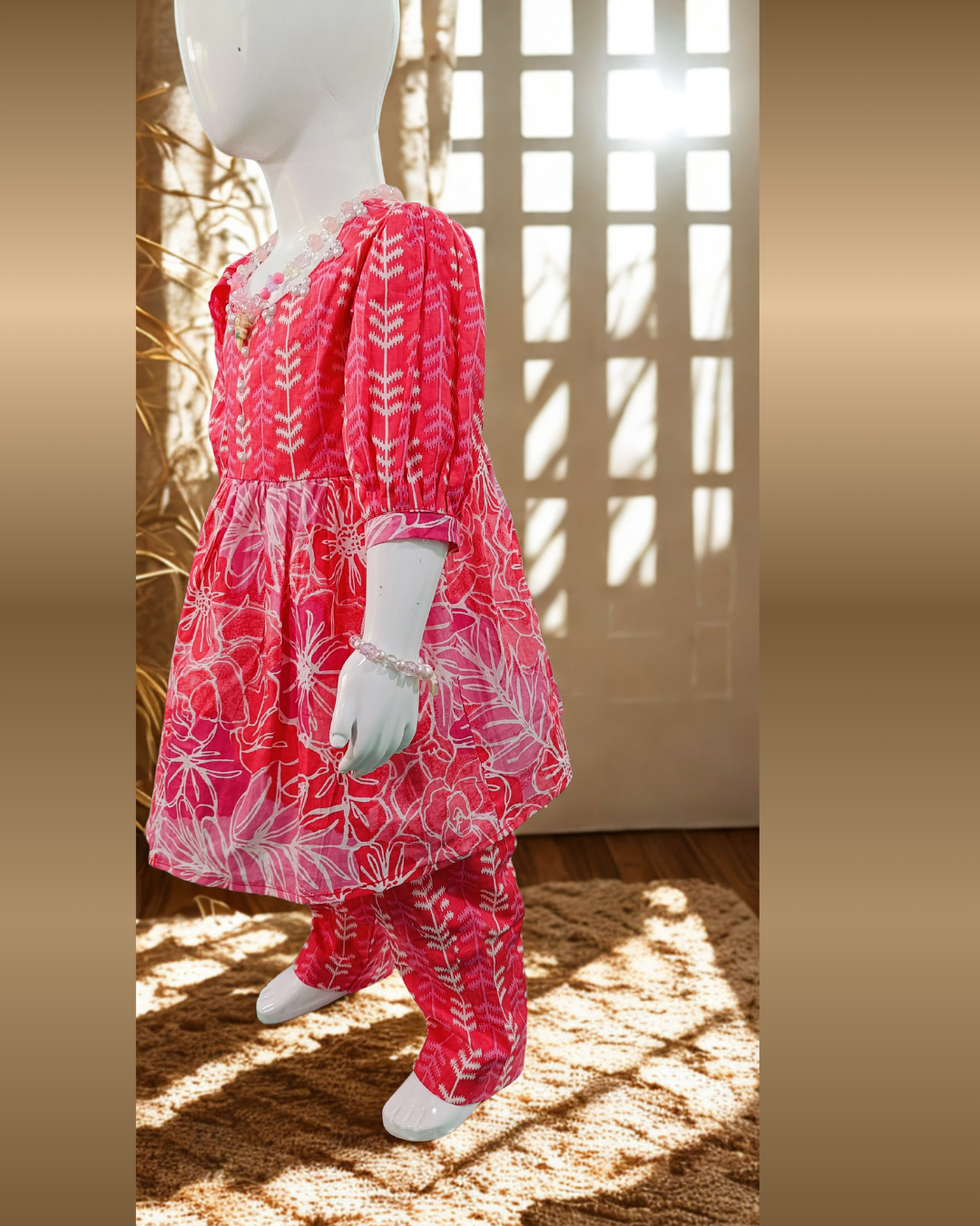 Soft Cotton Baby Girl Kurti Set Red Floral with Puff Sleeves – Cute Comfortable Daily Wear Outfit - Image 3