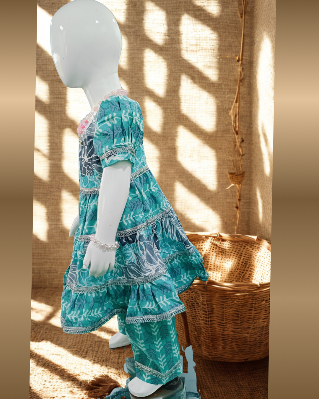 Soft Cotton Baby Girl Kurti Set Teal Layered Frill with Puff Sleeves โ Premium Festive Daily Wear Outfit - Image 3
