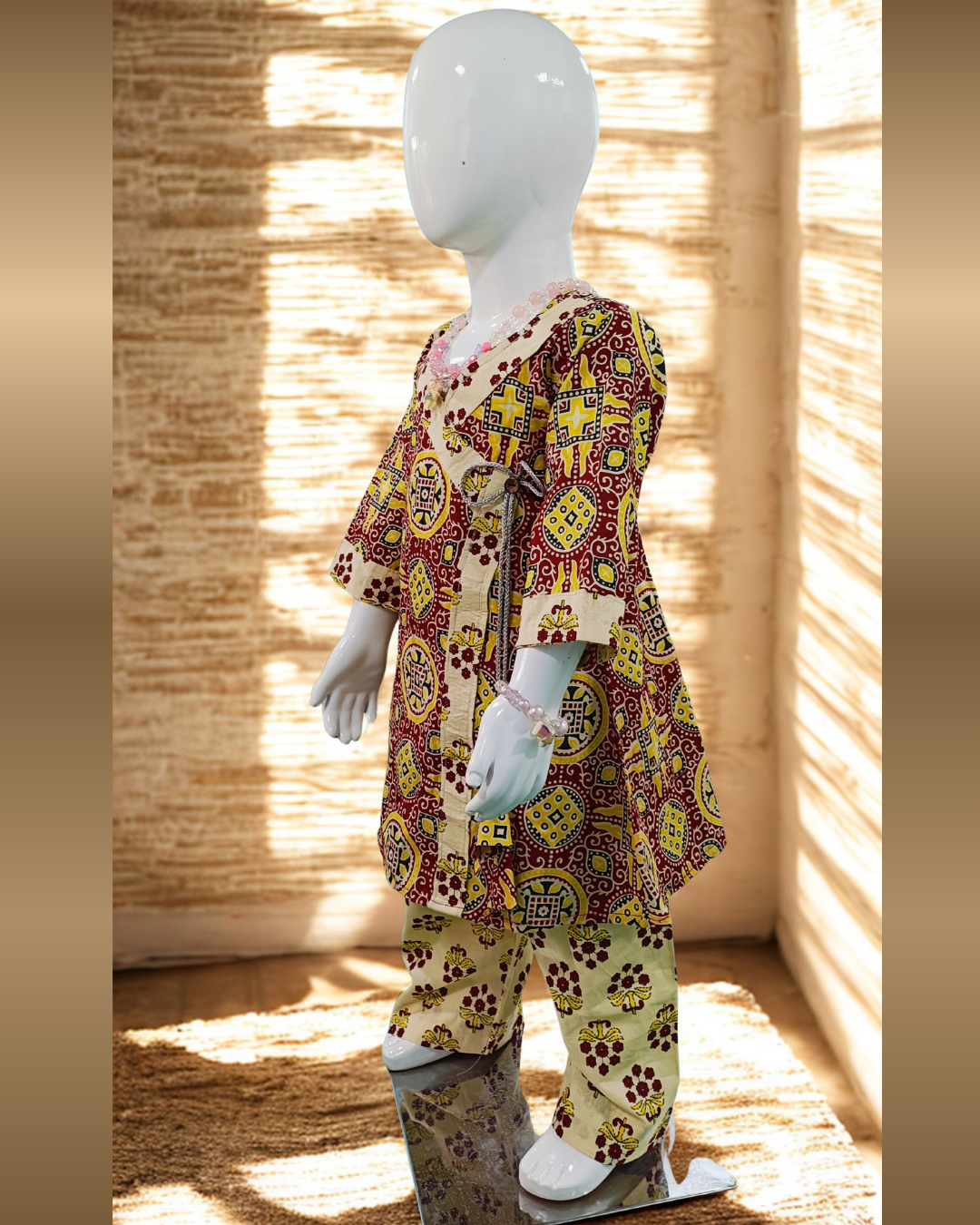 Soft Cotton Baby Girl Kurti Set Maroon Ajrakh Print with Overlap Tie-Up โ Ethnic Stylish Daily Wear Outfit - Image 2
