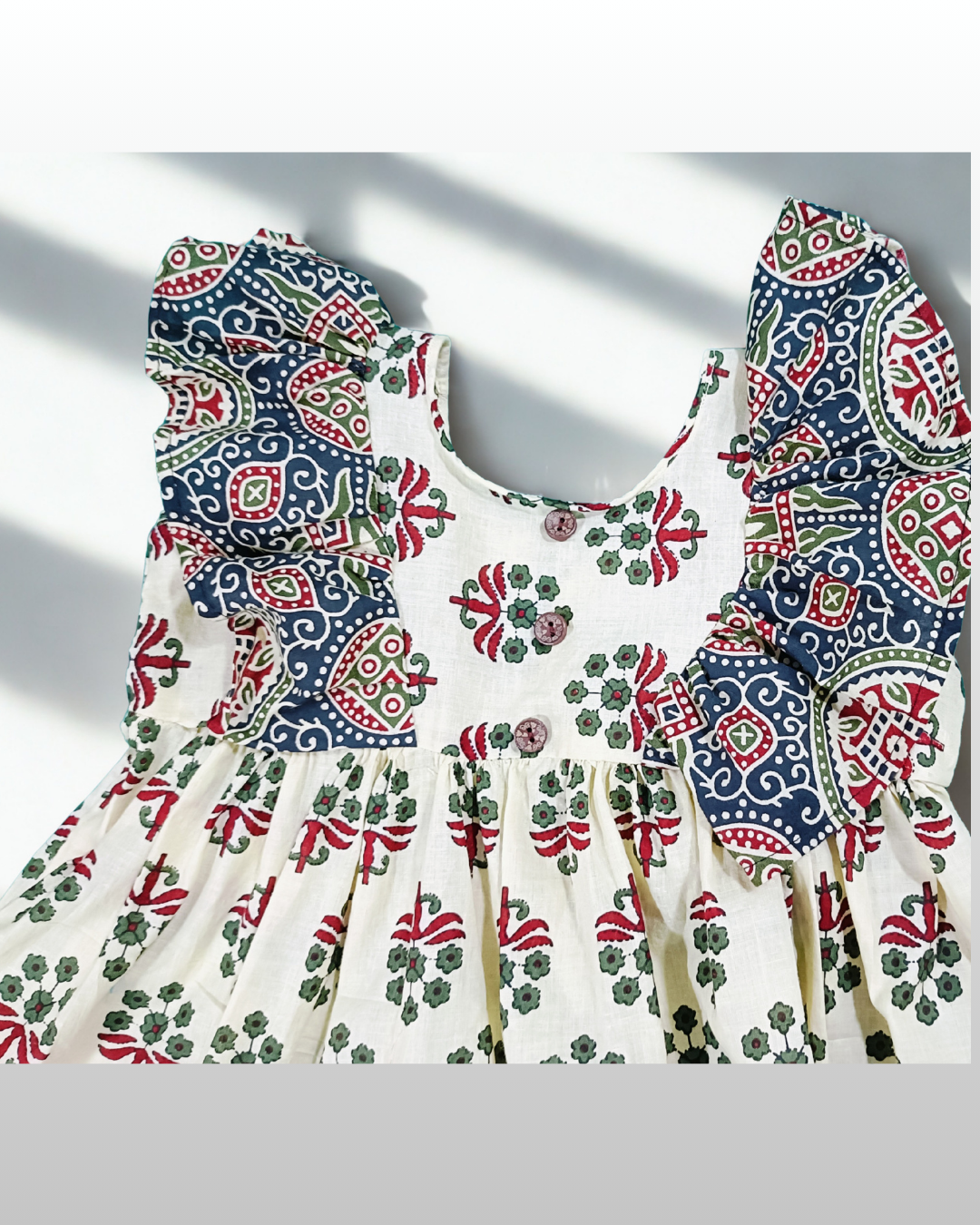 Sigoor Fashion Cotton Baby Girl Frock Cream Ajrakh Print Frill Sleeve Dress – Traditional Stylish Daily Wear (6–12 Months) - Image 3