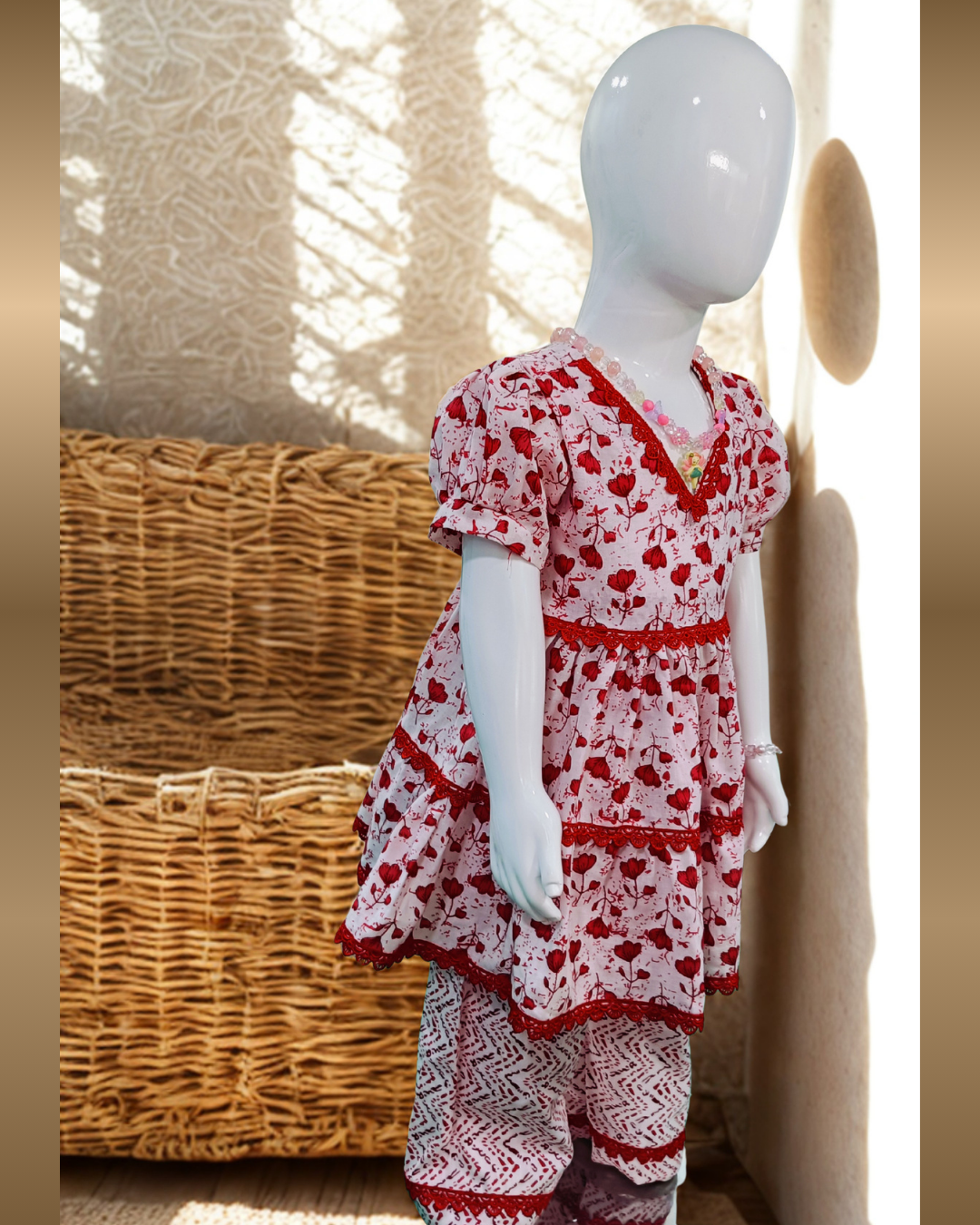 Soft Cotton Baby Girl Kurti Set Red Floral with Lace & Frill – Stylish Comfortable Daily Wear - Image 2