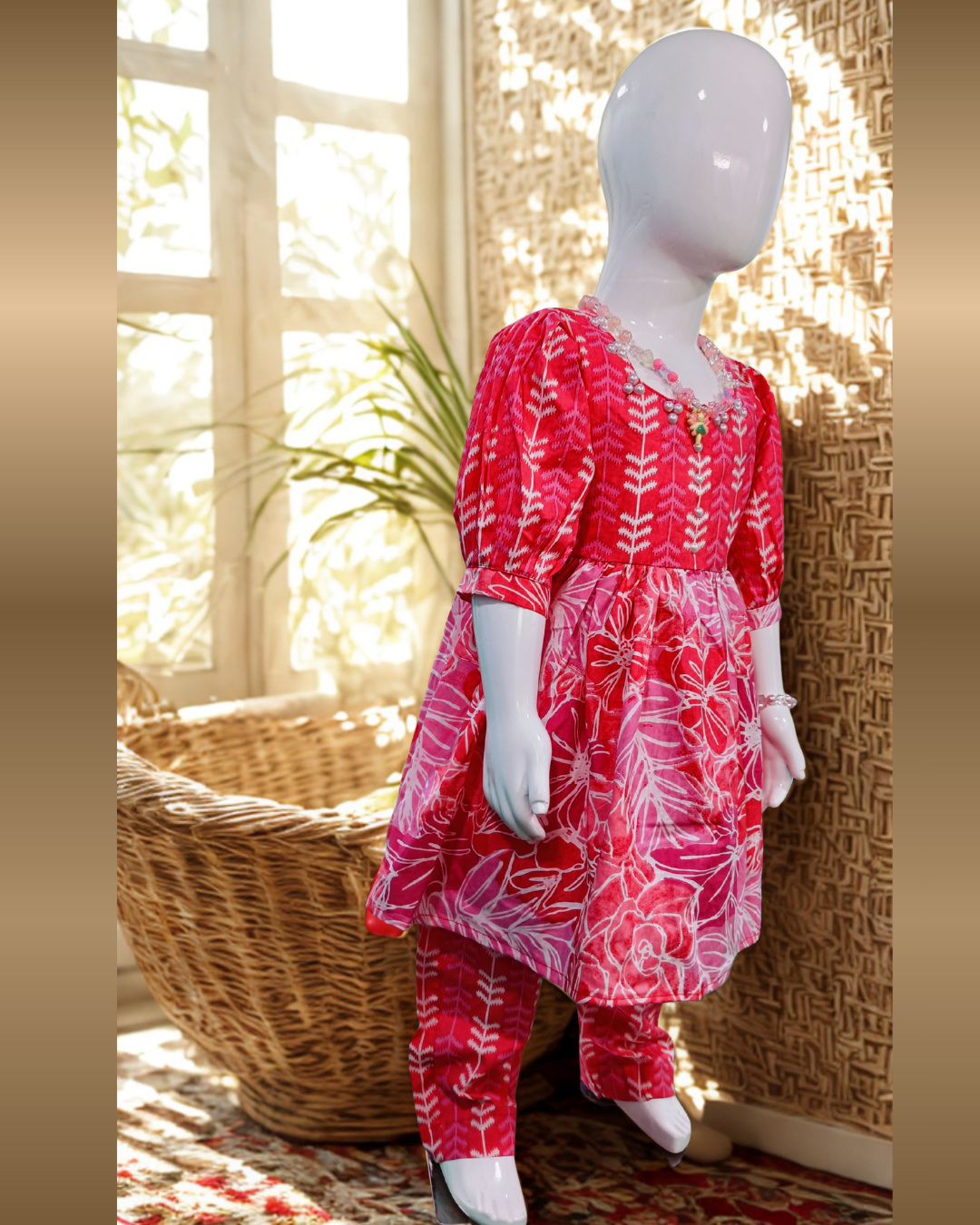 Soft Cotton Baby Girl Kurti Set Red Floral with Puff Sleeves – Cute Comfortable Daily Wear Outfit - Image 2