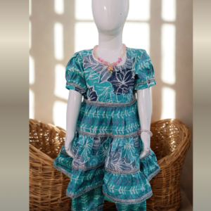 Soft Cotton Baby Girl Kurti Set Teal Layered Frill with Puff Sleeves – Premium Festive Daily Wear Outfit