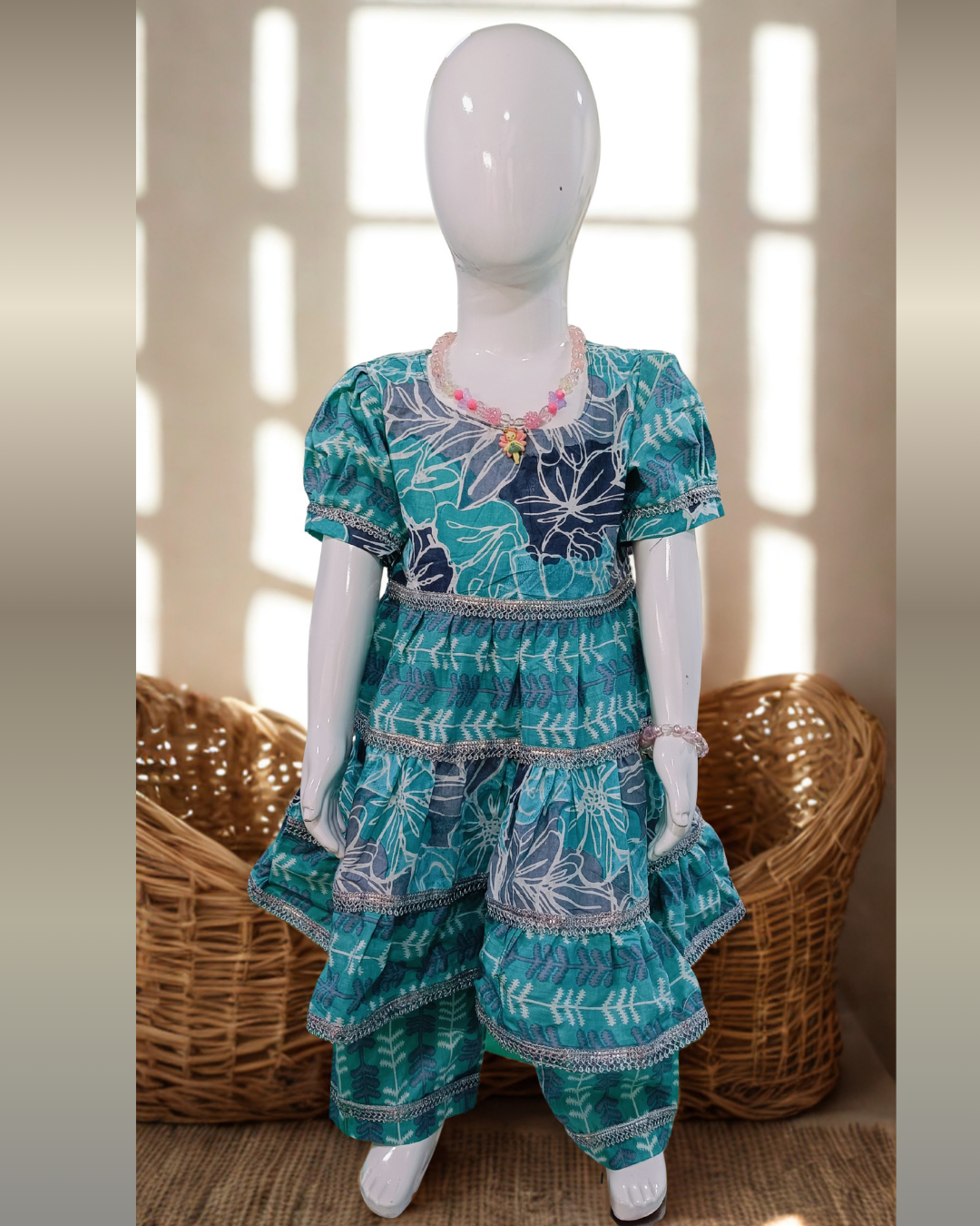 Soft Cotton Baby Girl Kurti Set Teal Layered Frill with Puff Sleeves โ Premium Festive Daily Wear Outfit