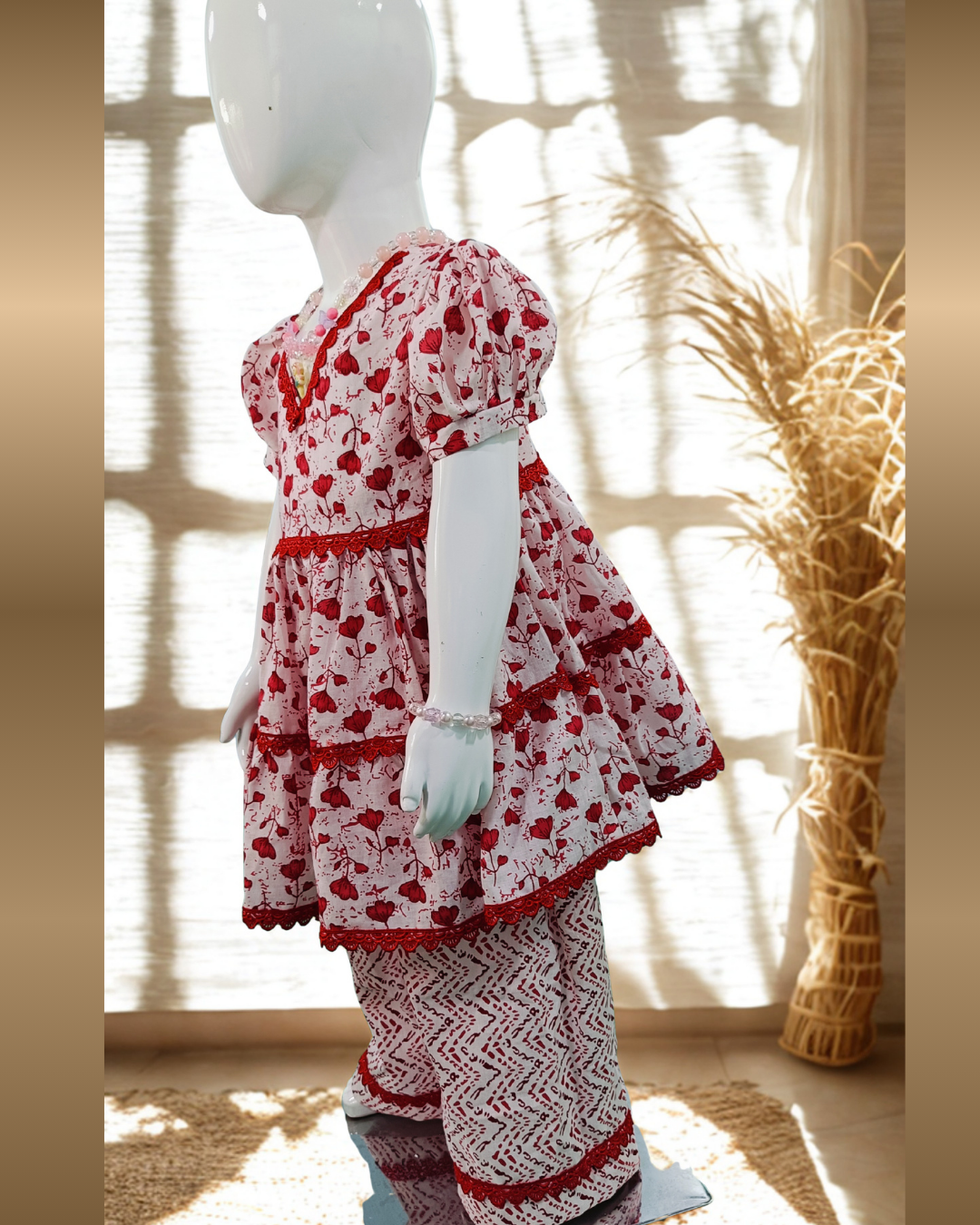 Soft Cotton Baby Girl Kurti Set Red Floral with Lace & Frill – Stylish Comfortable Daily Wear - Image 3