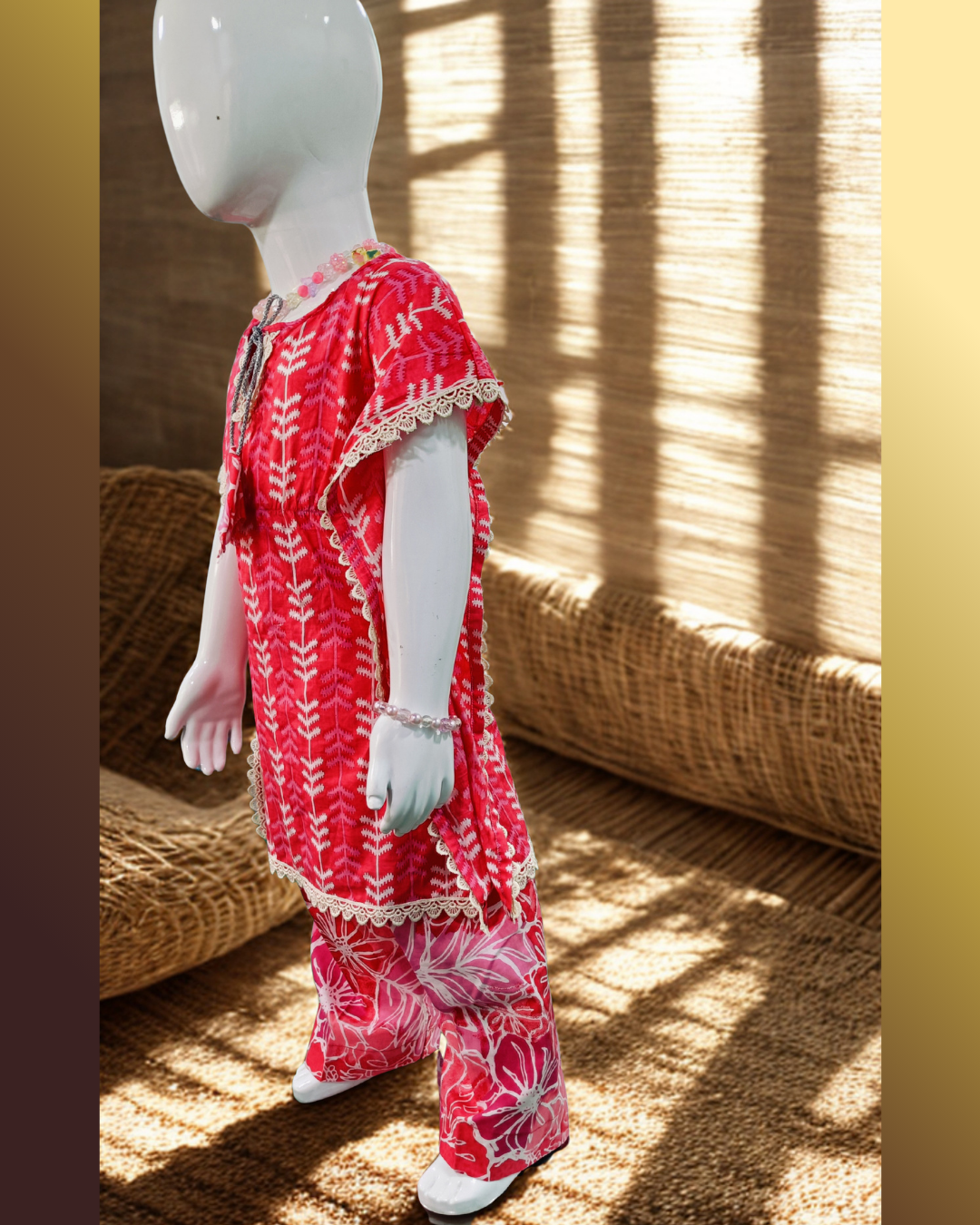 Soft Cotton Baby Girl Kurti Set Red with Cape Sleeves & Tassel – Premium Stylish Daily Wear Outfit - Image 3