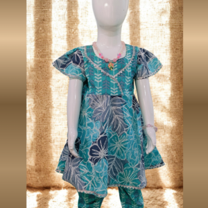 Soft Cotton Baby Girl Kurti Set Blue Floral with Flutter Sleeves – Premium Stylish Daily Wear