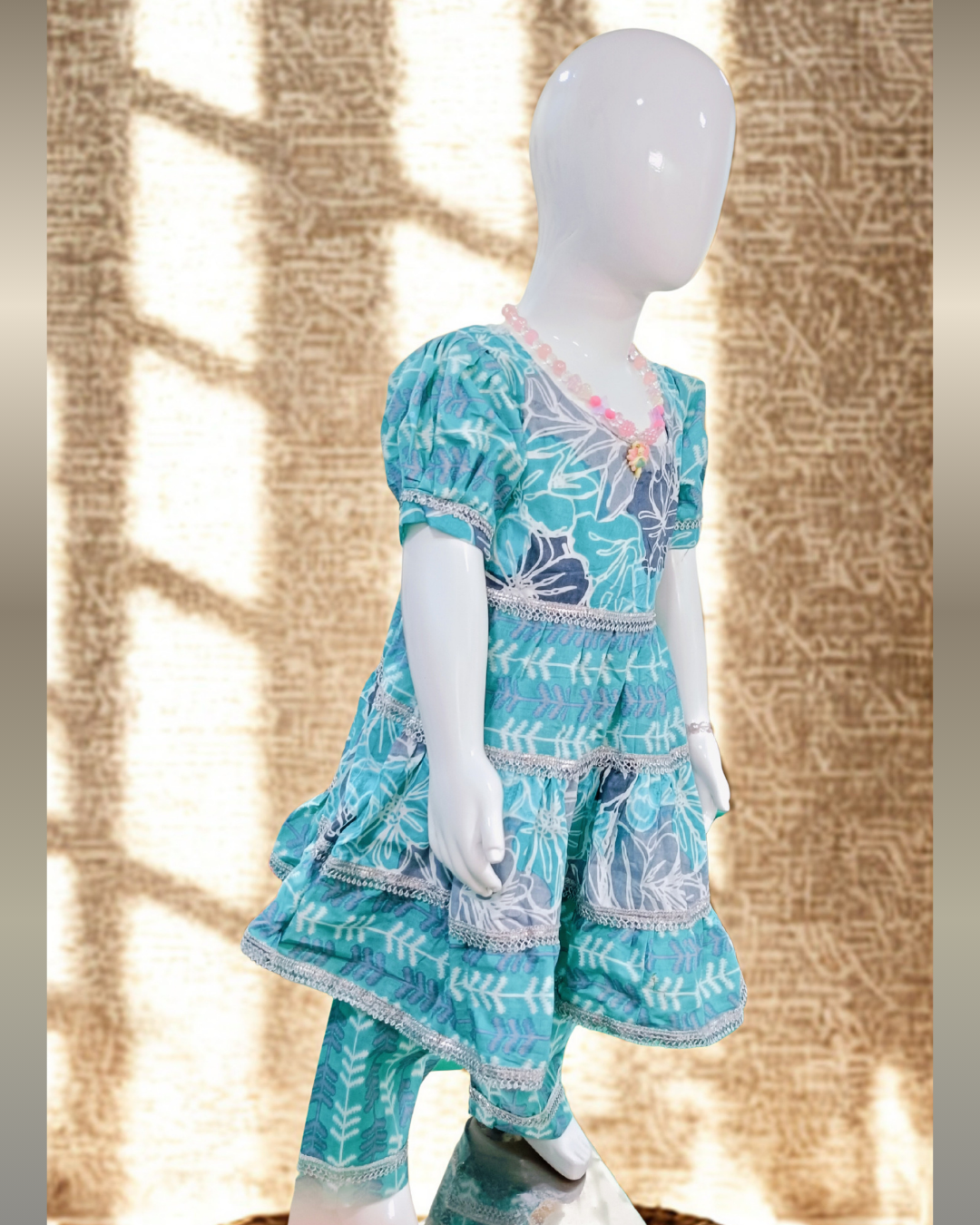 Soft Cotton Baby Girl Kurti Set Teal Layered Frill with Puff Sleeves โ Premium Festive Daily Wear Outfit - Image 2