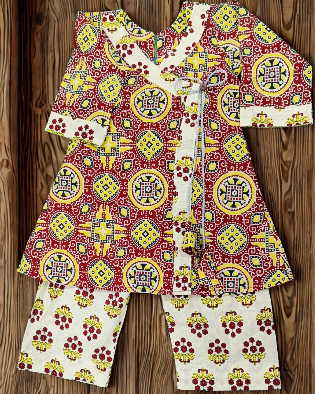 Soft Cotton Baby Girl Kurti Set Maroon Ajrakh Print with Overlap Tie-Up โ Ethnic Stylish Daily Wear Outfit - Image 4
