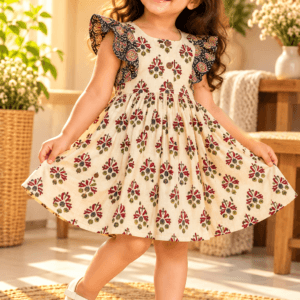 Baby girl wearing Aaina cream and maroon-yellow floral cotton frock with paisley ruffle sleeves