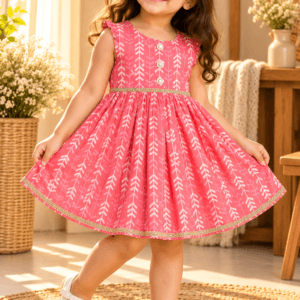 Baby girl wearing Aatish coral chevron cotton frock with gold trim and gem buttons