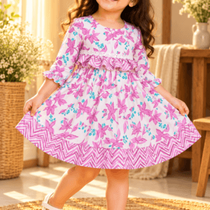 Baby girl wearing Banafsha pink and purple floral cotton frock with chevron hem