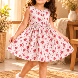 Baby girl wearing Dilruba cream cotton frock with red heart-shaped floral print