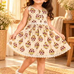 Baby girl wearing Guddi cream and maroon-yellow floral cotton frock, sleeveless